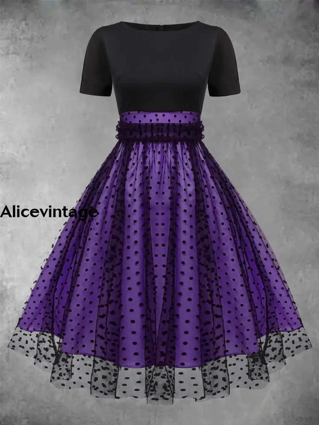 Elegant Polka-Dot Mesh Stitching Vintage Chic Round Collar Short Sleeve Midi Dress Purple / S