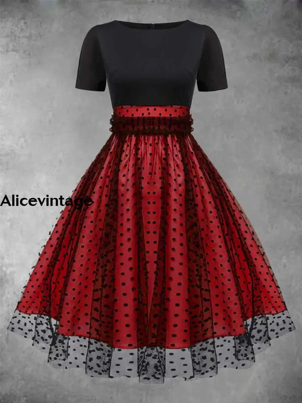 Elegant Polka-Dot Mesh Stitching Vintage Chic Round Collar Short Sleeve Midi Dress Red / S