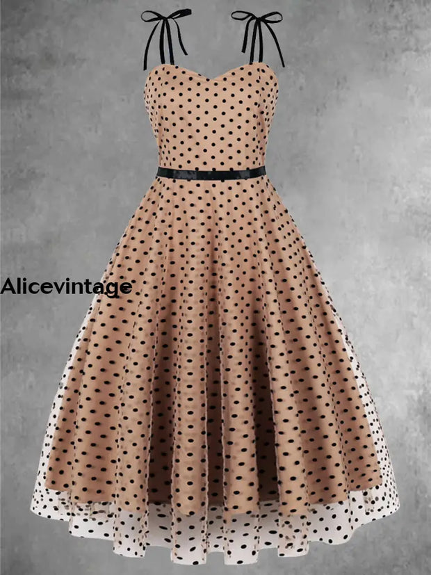 Elegant Polka-Dot Mesh Stitching Vintage Chic Slip Midi Dress Khaki / S