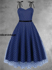 Elegant Polka-Dot Mesh Stitching Vintage Chic Slip Midi Dress Navy Blue / S