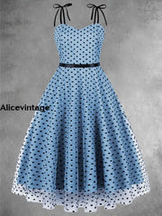 Elegant Polka-Dot Mesh Stitching Vintage Chic Slip Midi Dress Sky Blue / S