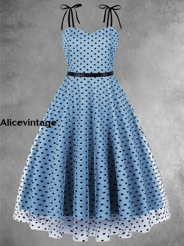 Elegant Polka-Dot Mesh Stitching Vintage Chic Slip Midi Dress Sky Blue / S