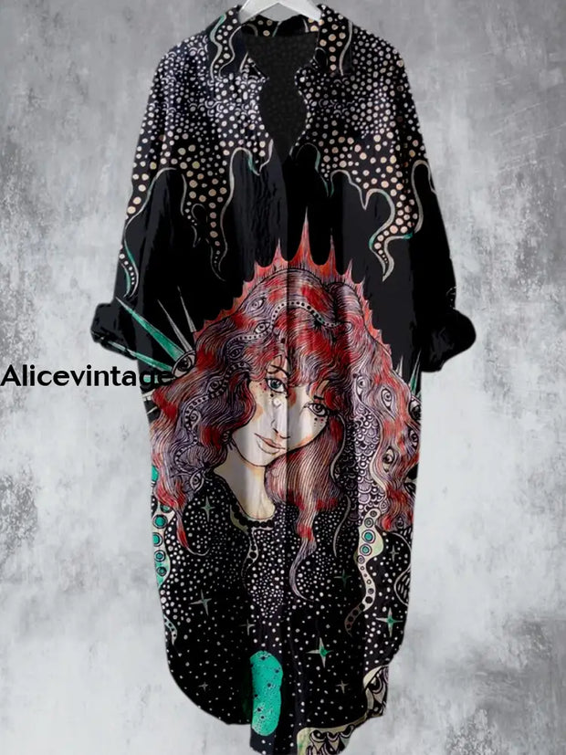 Elegant Portrait Art Design Printed V-Neck Lapel Button Loose Vintage Midi Shirt Dress A / S