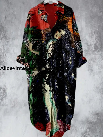 Elegant Portrait Art Design Printed V-Neck Lapel Button Loose Vintage Midi Shirt Dress A / S