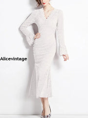 Elegant Printed Textured Chic Lace V-Neck Batsleeve Maxi Dress