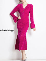 Elegant Printed Textured Chic Lace V-Neck Batsleeve Maxi Dress