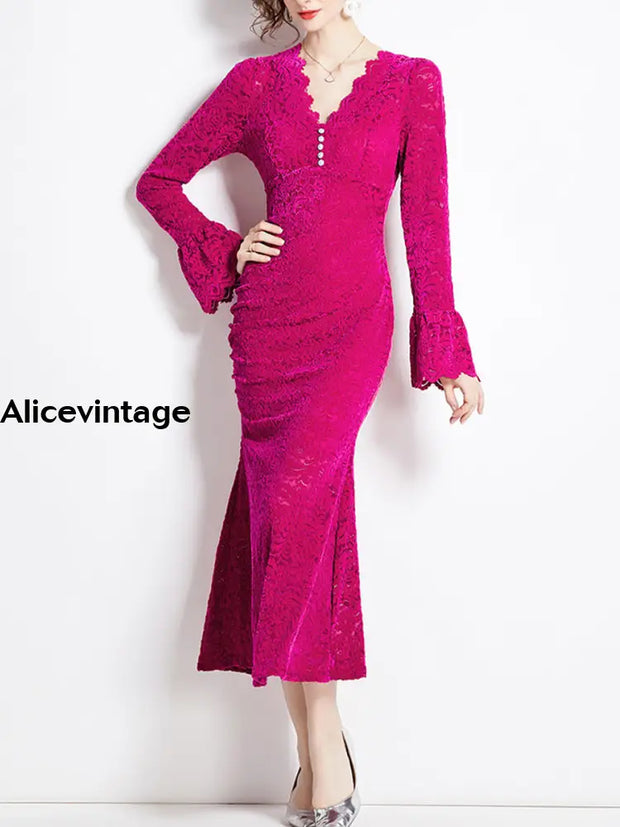 Elegant Printed Textured Chic Lace V-Neck Batsleeve Maxi Dress