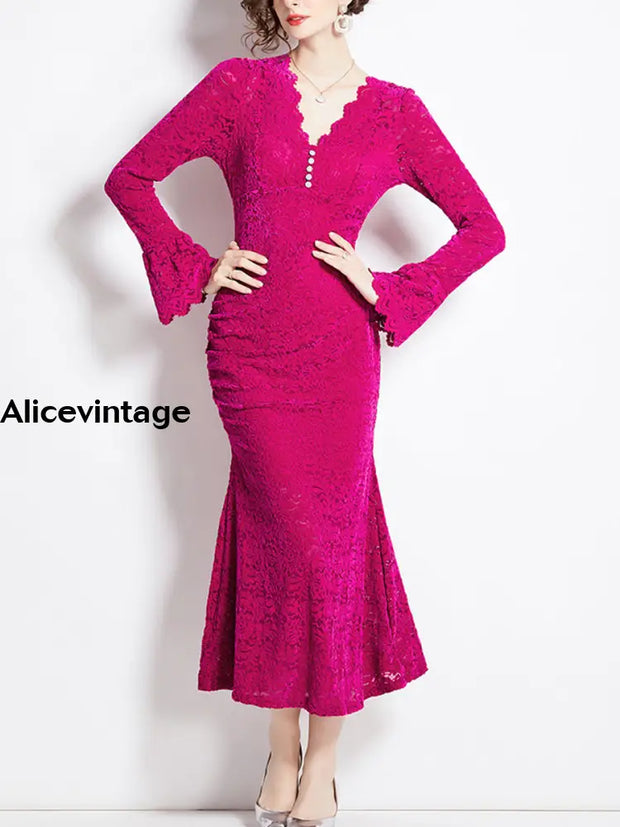 Elegant Printed Textured Chic Lace V-Neck Batsleeve Maxi Dress Rose Red / S