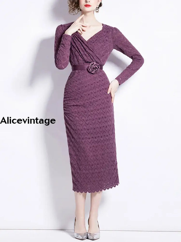 Elegant Printed Textured Rose Tie Lace Long Sleeve Cover Buttocks Maxi Dress