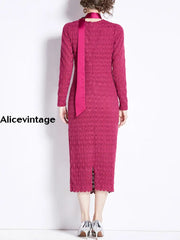 Elegant Printed Textured Rose Tie Lace Long Sleeve Cover Buttocks Maxi Dress