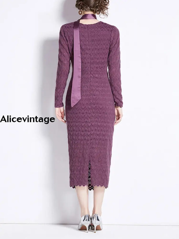 Elegant Printed Textured Rose Tie Lace Long Sleeve Cover Buttocks Maxi Dress