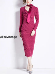 Elegant Printed Textured Rose Tie Lace Long Sleeve Cover Buttocks Maxi Dress