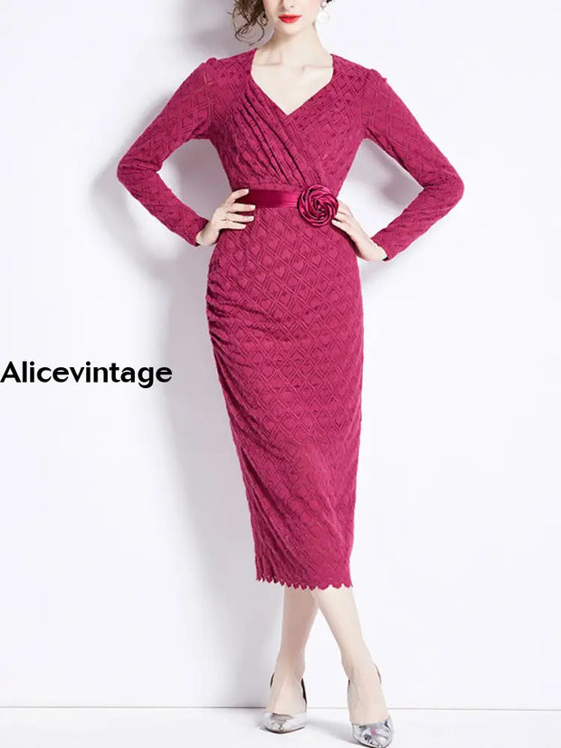 Elegant Printed Textured Rose Tie Lace Long Sleeve Cover Buttocks Maxi Dress