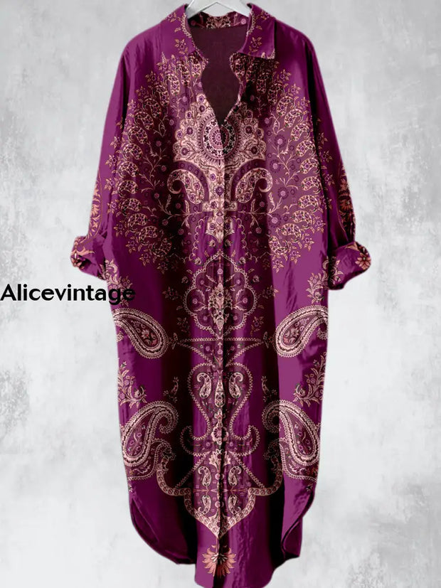 Elegant Purple Bohemia Printed V-Neck Lapel Button Loose Vintage Midi Shirt Dress A / S