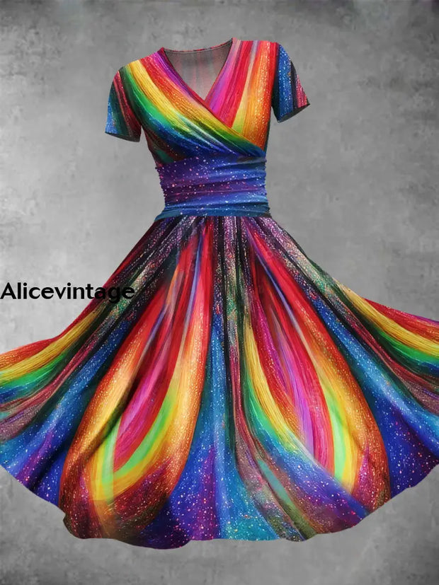 Elegant Rainbow Sequins Print V-Neck 50S Vintage Short Sleeve Midi Dress A / S