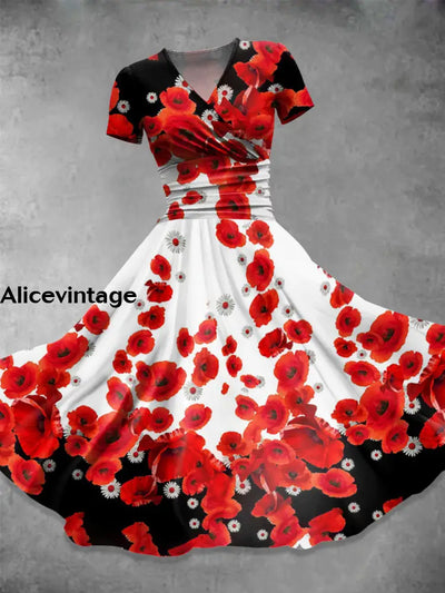 Elegant Red Floral Print V-Neck Short Sleeve Midi Dress A / S