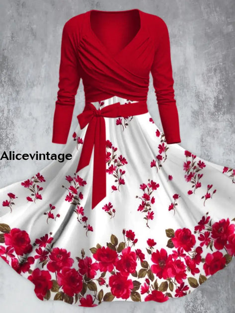 Vintage Floral  Print V-Neck Long Sleeve Two Piece Dress