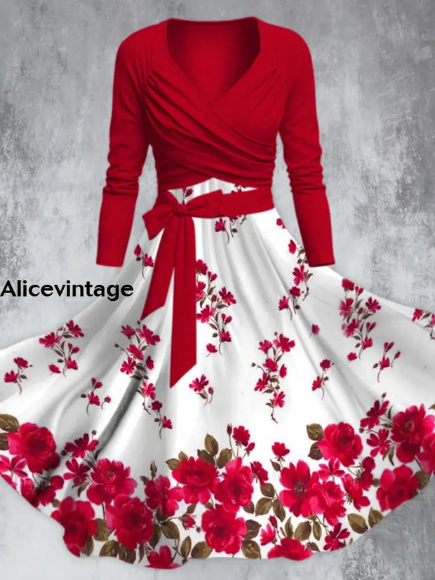 Elegant Red Flower Print V-Neck Long Sleeve Straps Midi Dress A / S