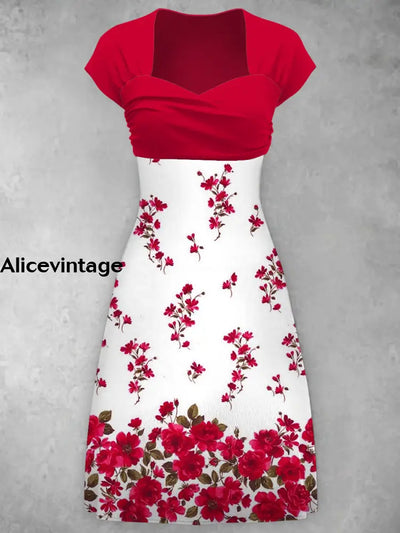 Elegant Red Flower Print V-Neck Short Sleeve Midi Dress A / S