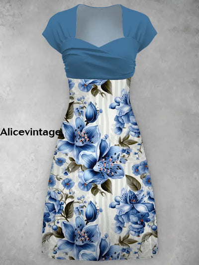 Elegant Retro Blue Flower Print V-Neck Short Sleeve Midi Dress A / S