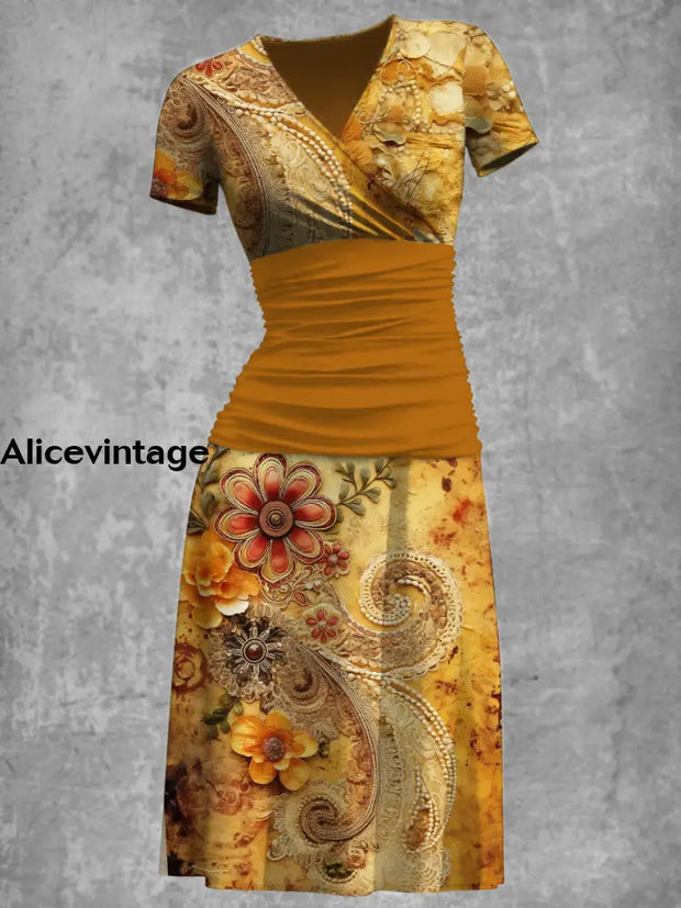 Elegant Retro Luxury Flowers Printed V-Neck Short Sleeve Fashion Midi Dress A / S