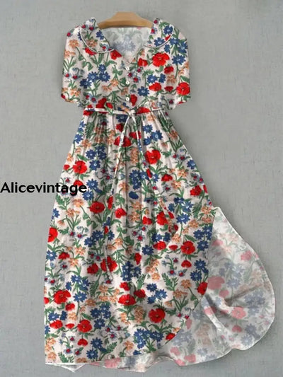 Elegant Retro Tropical Floral Printed V-Neck Button Vintage Fashion Short Sleeve Midi Dress A / S