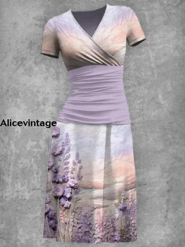 Elegant Romantic Lavender Print V-Neck Short Sleeve Midi Dress A / S