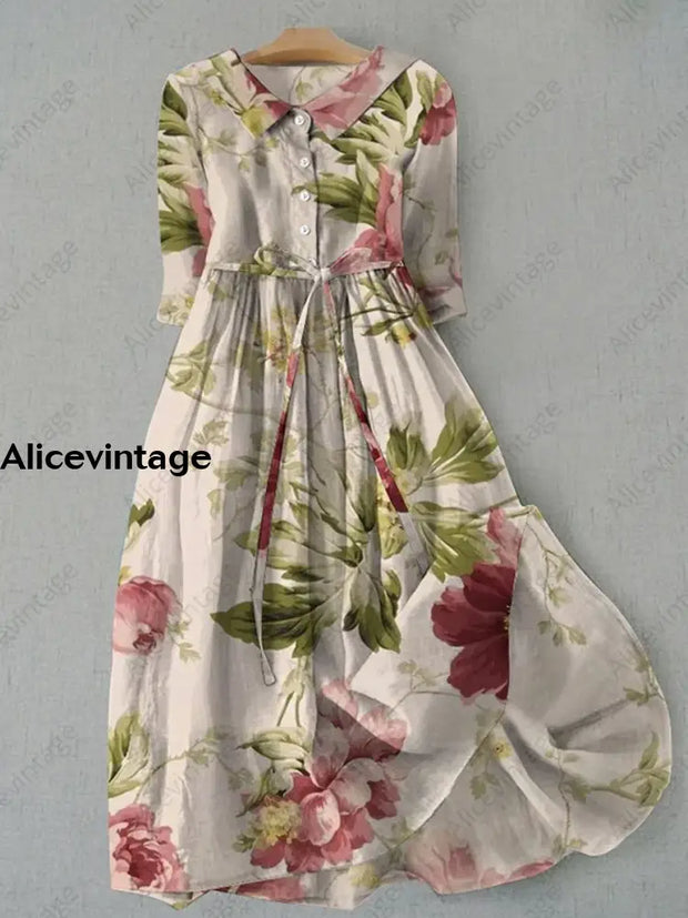 Elegant Spring Flowers Print Crew Neck Button Short Sleeve Loose Midi Dress A / S