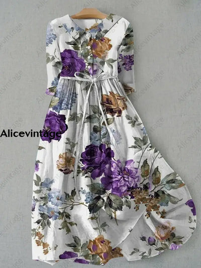 Elegant Spring Purple Flowers Printed Crew-Neck Button Short Sleeve Loose Midi Dress A / S