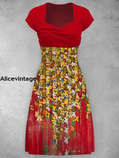 Elegant Tassel Flower Print V-Neck Short Sleeve Vintage Midi Dress A / S