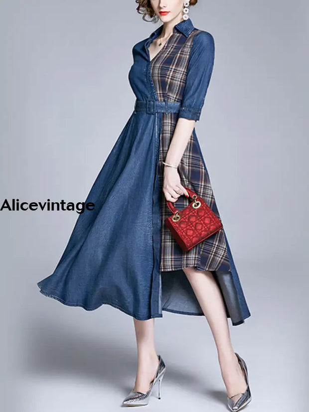 Elegant Tencel Denim Plaid Patchwork Belt Mid-Sleeve Maxi Dress