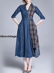 Elegant Tencel Denim Plaid Patchwork Belt Mid-Sleeve Maxi Dress