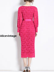 Elegant Textured Waist Wrap Lace Long Sleeve Cover Buttocks Maxi Dress