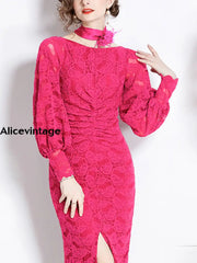 Elegant Textured Waist Wrap Lace Long Sleeve Cover Buttocks Maxi Dress