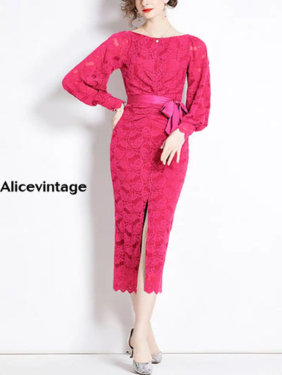 Elegant Textured Waist Wrap Lace Long Sleeve Cover Buttocks Maxi Dress