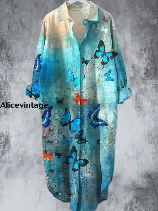 Elegant Vintage Blue Butterfly Printed V-Neck Lapel Button Loose Midi Shirt Dress A / S