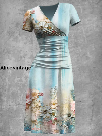 Elegant Vintage Blue Flowers Print V-Neck Short Sleeve Midi Dress A / S