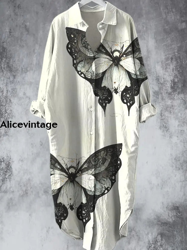 Elegant Vintage Butterfly Printed V-Neck Lapel Button Loose Midi Shirt Dress A / S