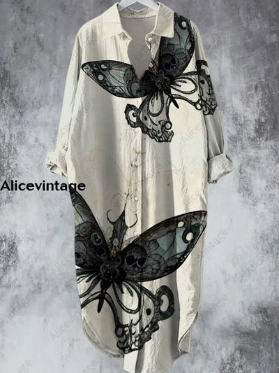 Elegant Vintage Butterfly Printed V-Neck Lapel Button Loose Midi Shirt Dress A / S