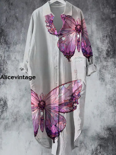 Elegant Vintage Butterfly Printed V-Neck Lapel Button Loose Midi Shirt Dress A / S