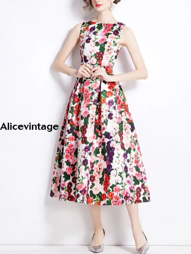 Elegant Vintage Floral Print Fashion Sleeveless Midi Dress