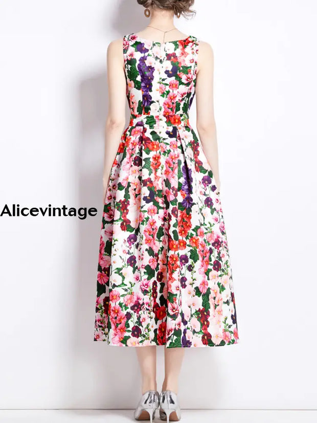 Elegant Vintage Floral Print Fashion Sleeveless Midi Dress