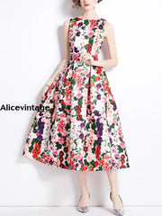 Elegant Vintage Floral Print Fashion Sleeveless Midi Dress A / S