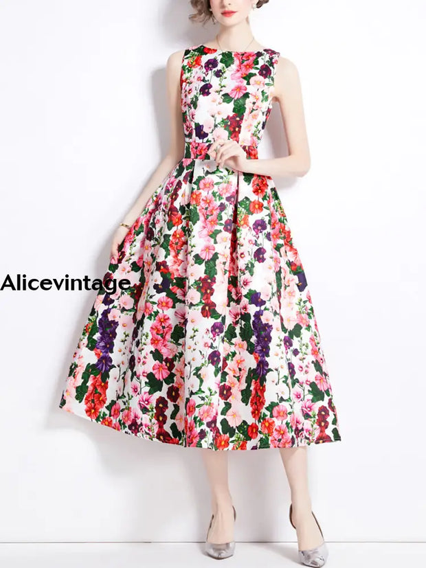 Elegant Vintage Floral Print Fashion Sleeveless Midi Dress A / S