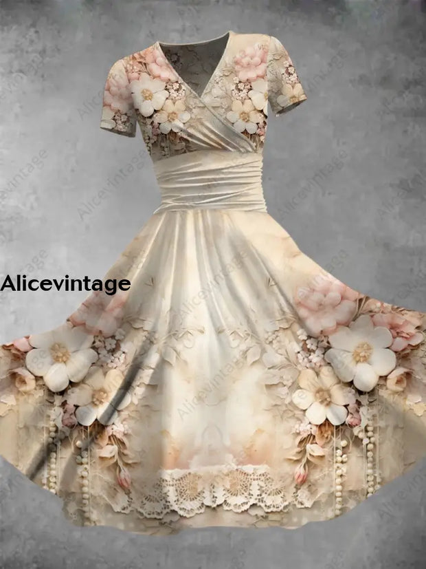 Elegant Vintage Flower Print V-Neck Short Sleeve Midi Dress A / S