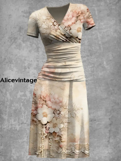 Elegant Vintage Flowers Print V-Neck Short Sleeve Fashion Midi Dress A / S