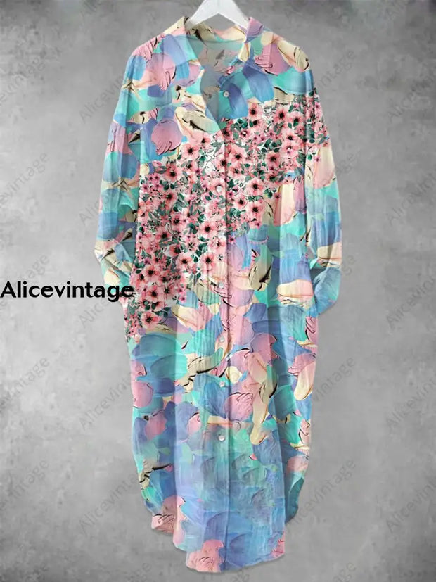 Elegant Vintage Flowers Printed V-Neck Lapel Button Loose Long Sleeve Shirt A / S