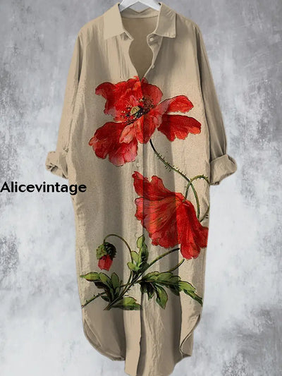 Elegant Vintage Flowers Printed V-Neck Lapel Button Loose Midi Shirt Dress A / S