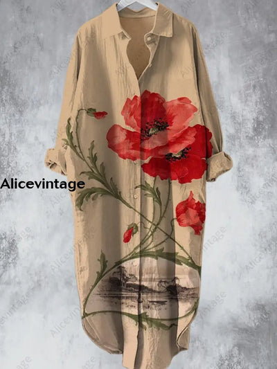 Elegant Vintage Flowers Printed V-Neck Lapel Button Loose Midi Shirt Dress A / S