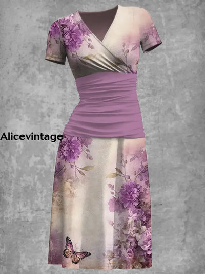 Elegant Vintage Purple Flowers Printed V-Neck Short Sleeve Fashion Midi Dress A / S